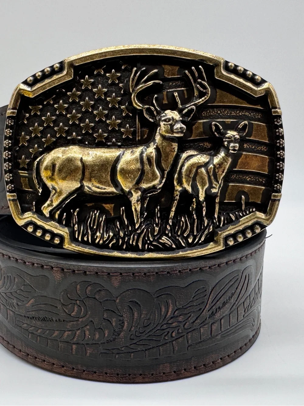 Matix Western Leather Belt 36 NWT Tooled Tooled Floral Deer American Flag Buckle